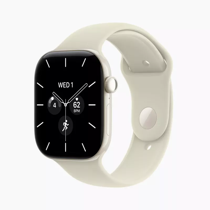 Apple Watch Series 12 in pearl white ceramic with a sand sport band