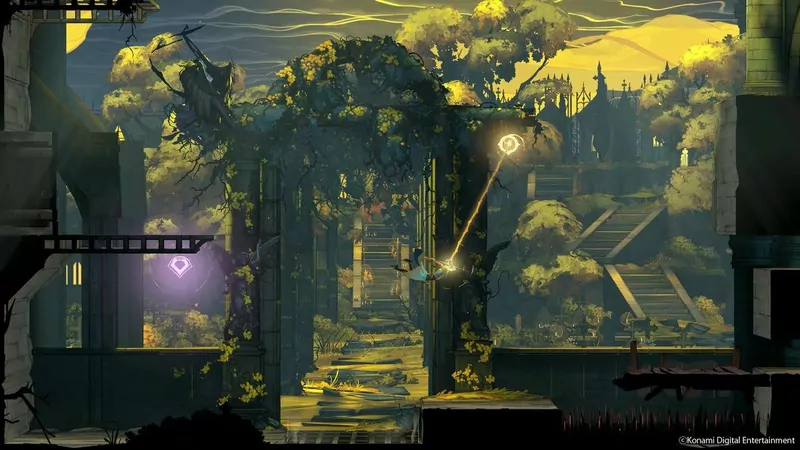 Rose Belmont swinging on her whip through an overgrown garden of ruins in green and gold light