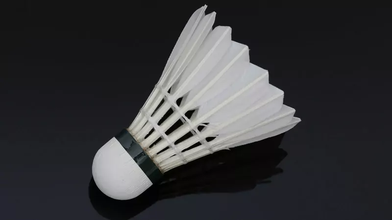 A white feather badminton shuttlecock with a green band on its cork base, lying on a glossy black surface