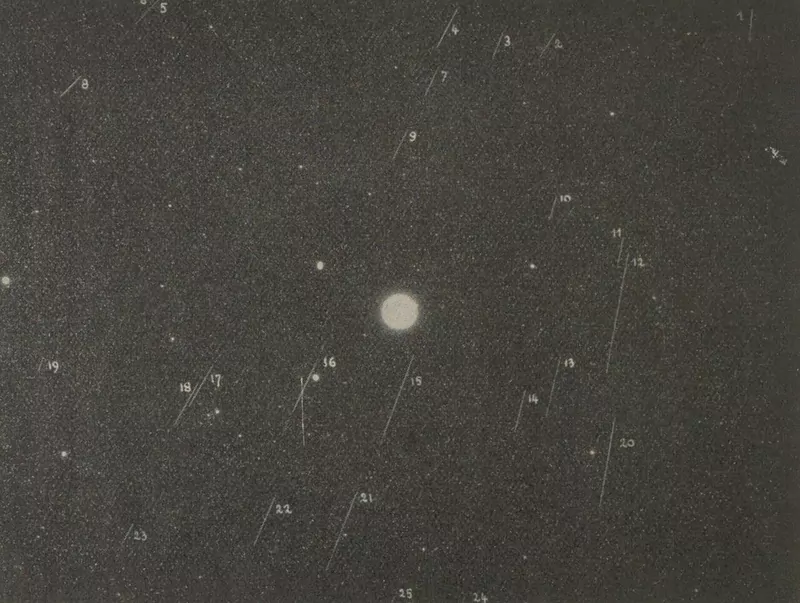 A grainy black-and-white photograph of the night sky with 25 numbered meteor trails around the bright star Vega