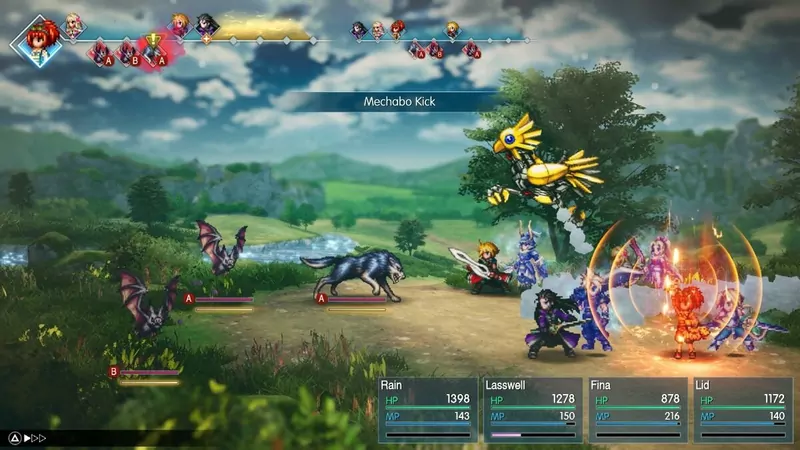 A turn-based battle in pixel art on a grassy plain, with the party facing wolves and other monsters