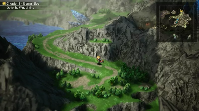 A pixel-art hero walking a winding green mountain path above a lake in Final Fantasy Resonance