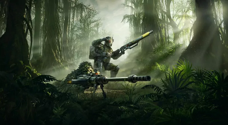 Two Helldivers in camouflage armor, one aiming a long rifle from the undergrowth of a misty forest