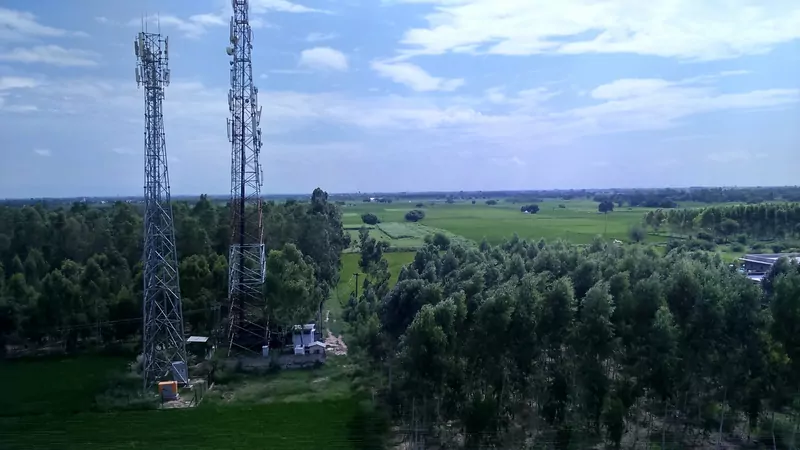 Two steel mobile phone towers with antennas stand beside green fields and eucalyptus trees in rural Punjab, India, under a blue sky with clouds