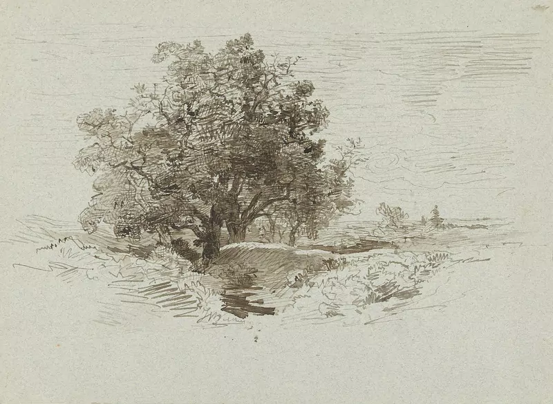 A pen, brush and brown ink drawing of a group of oak trees in a flat landscape, with short hatched strokes for leaves and ground