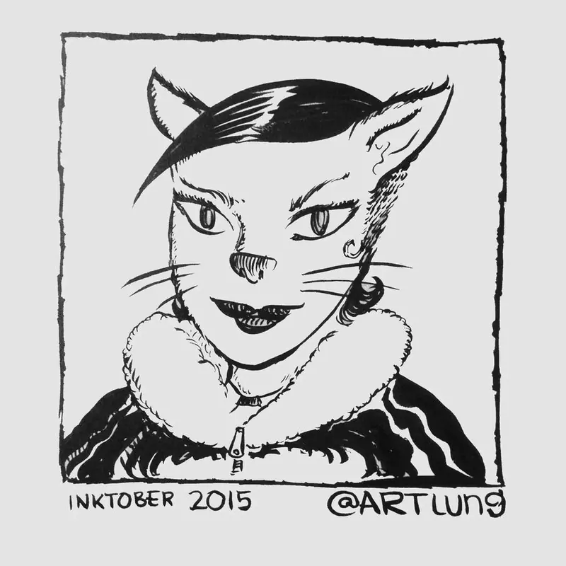 A black and white ink drawing of a cat-faced woman in a fur-collared jacket, signed Inktober 2015