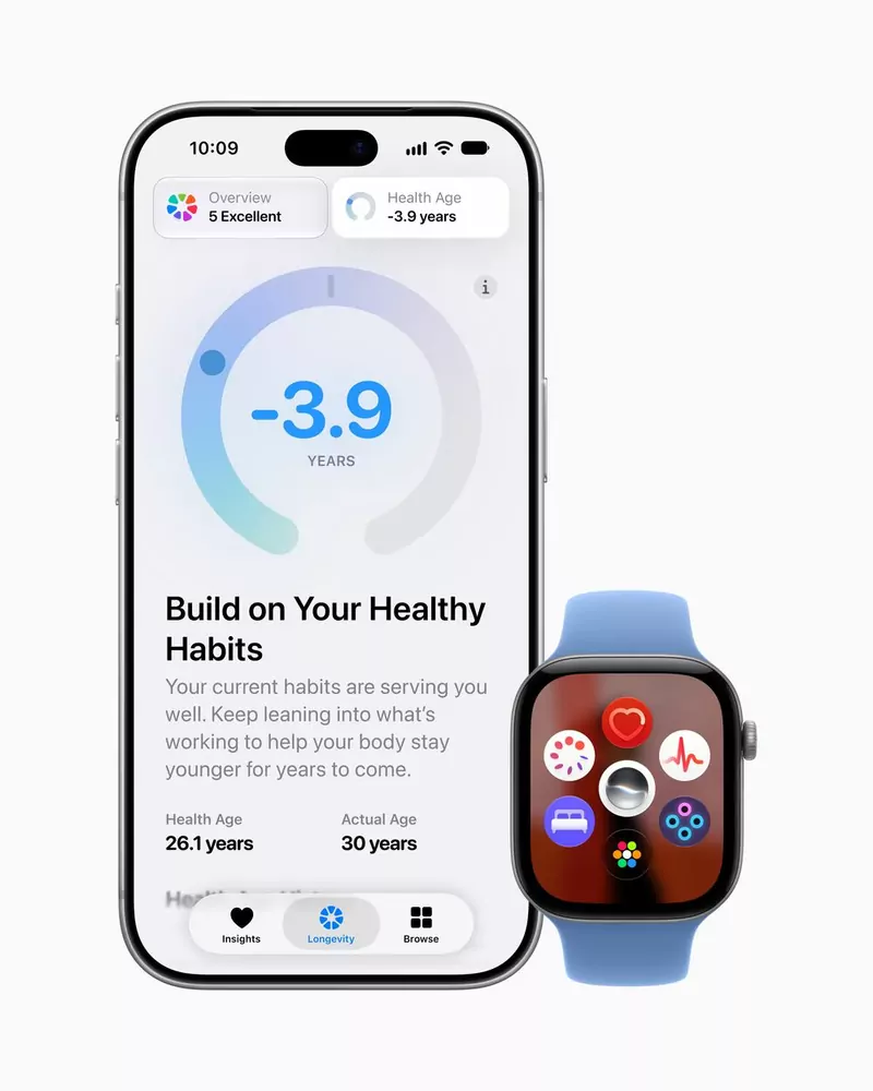 An iPhone showing the redesigned Health app's Longevity tab with a Health Age figure, next to an Apple Watch