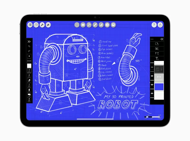 A blue iPad with the A16 chip showing a robot sketch in a drawing app