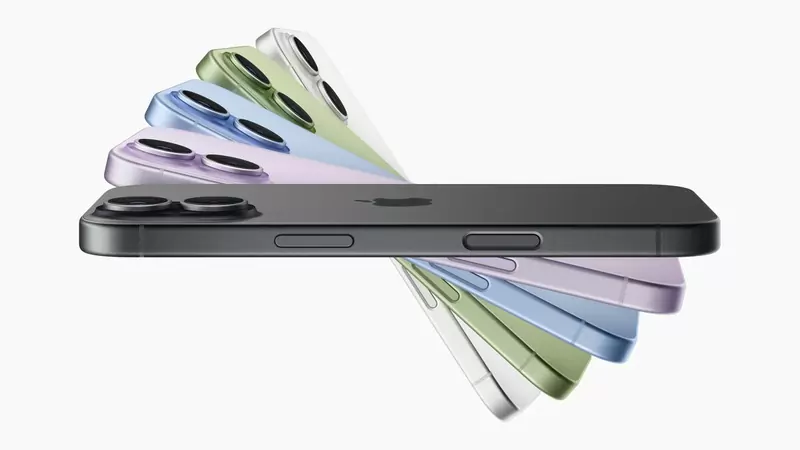 Five iPhone 17 phones fanned out in black, lavender, mist blue, sage and white