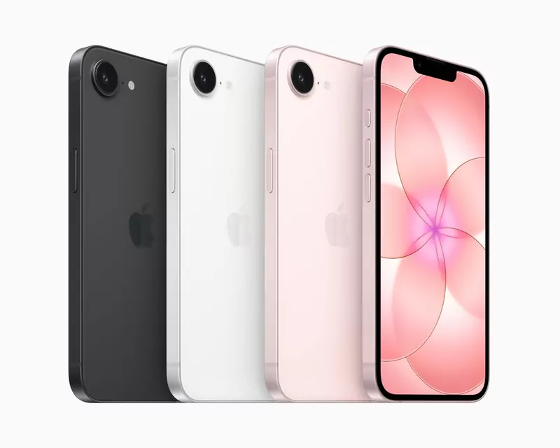 iPhone 17e in black, white and soft pink, seen from the back, with one showing its screen
