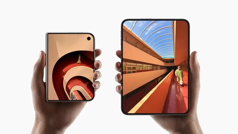 Two hands holding iPhone Duo phones, one closed showing the outer screen and one opened to the larger inner screen