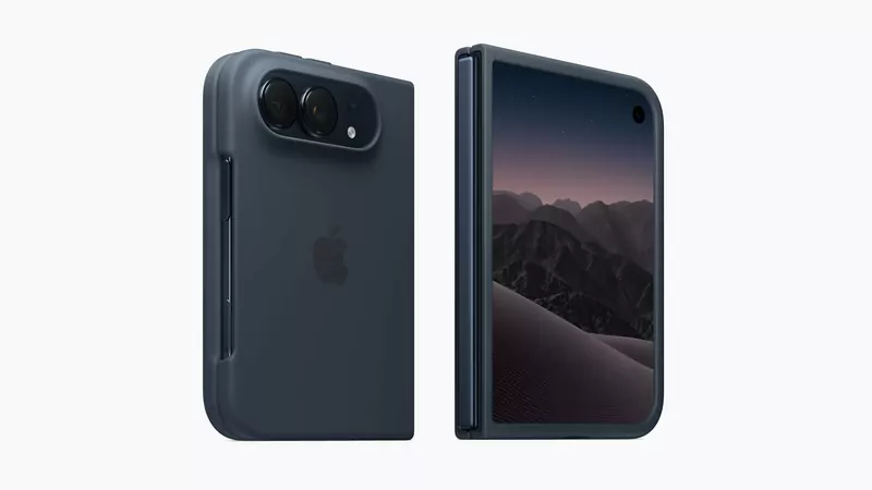 An iPhone Duo in a navy blue case, closed on the left and open on the right, showing its folding screen