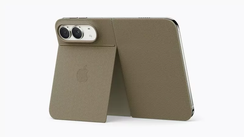 The back of an iPhone Duo in a taupe folio that folds into a kickstand behind it
