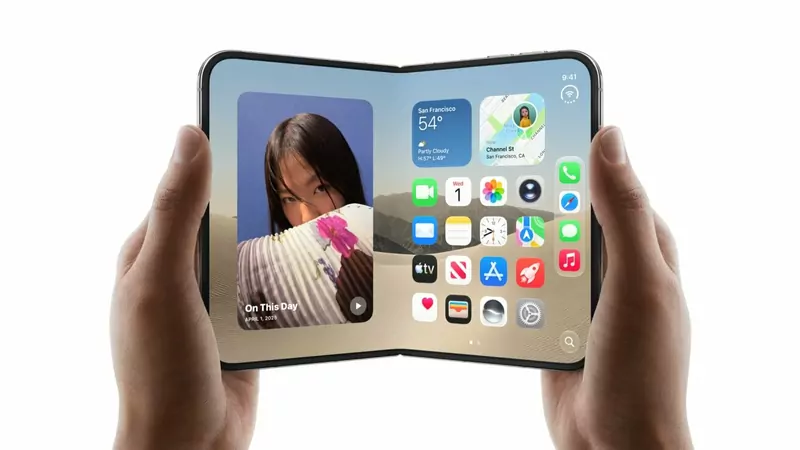 Two hands holding an open iPhone Duo showing its home screen across the folding display