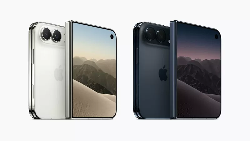 iPhone Duo in Star White and Night Sky, each shown folded with its back and half-open screen