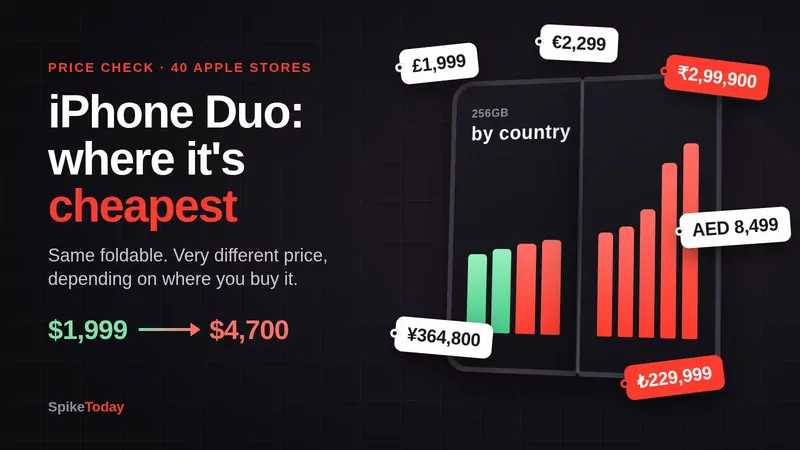 Illustration of an open foldable phone surrounded by iPhone Duo price tags in dollars, pounds, euros, rupees, dirhams and yen