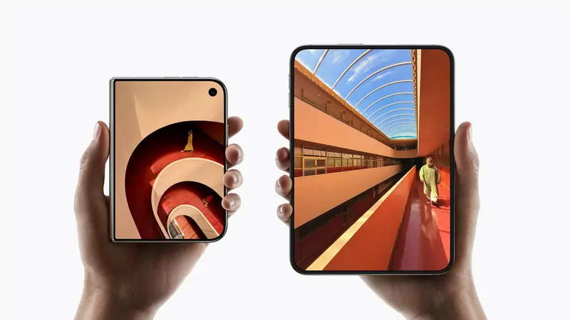Two hands holding iPhone Duo, one closed showing the 5.4-inch outer screen and one open showing the 7.6-inch inner screen