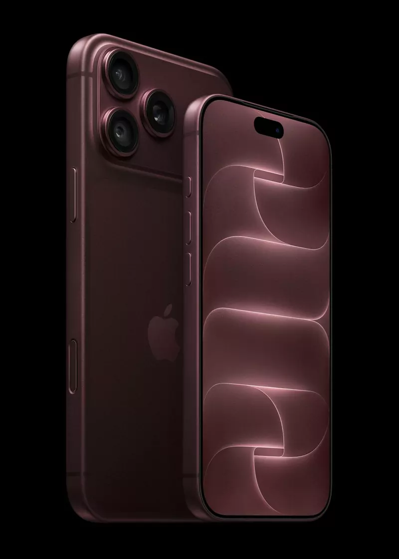 The back and front of an iPhone 18 Pro in burgundy, showing three rear cameras and a swirling lock screen