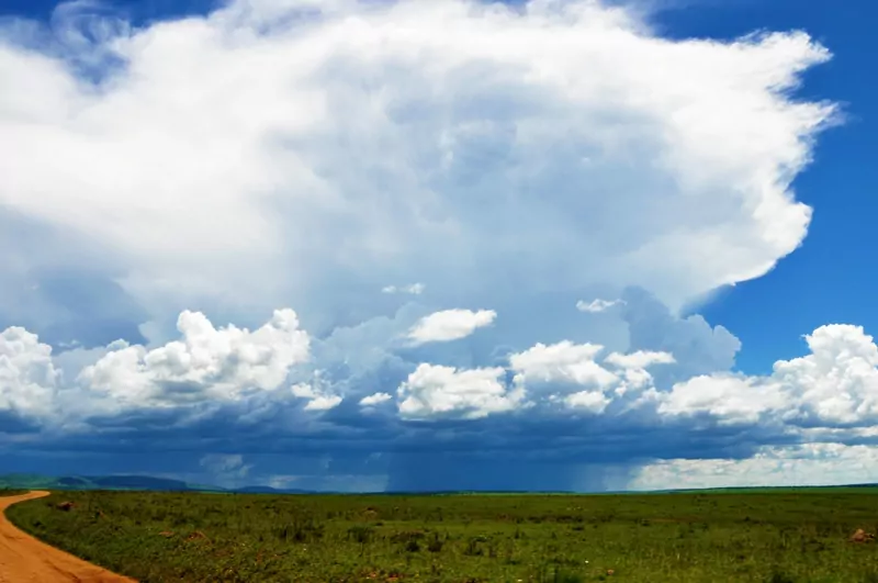 A huge white thunderstorm cloud towers over a flat green plain in Kenya's Masai Mara, with a dark band of rain falling at the horizon and a dirt road curving in at the lower left under a bright blue sky