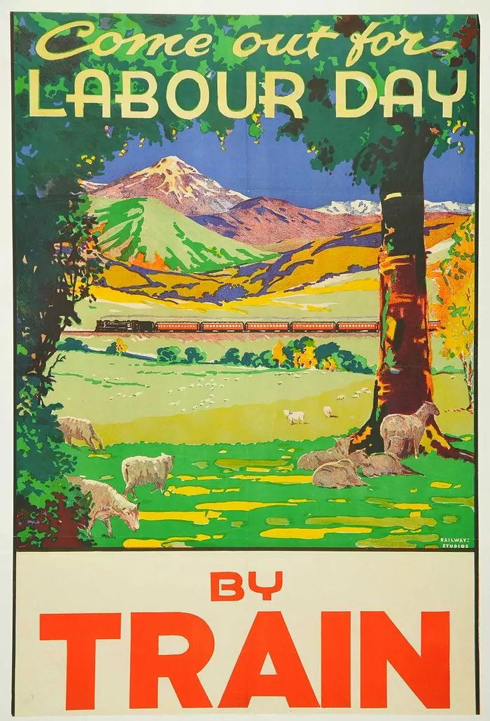 Old railway poster reading Come out for Labour Day by Train, showing a red train crossing green farmland with sheep and mountains behind