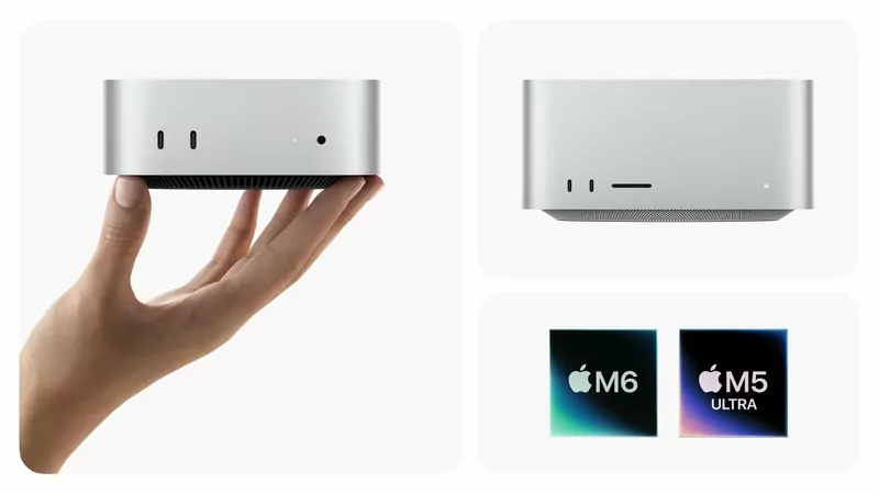 A hand holding a silver Mac mini, next to a Mac Studio and the M6 and M5 Ultra chip logos