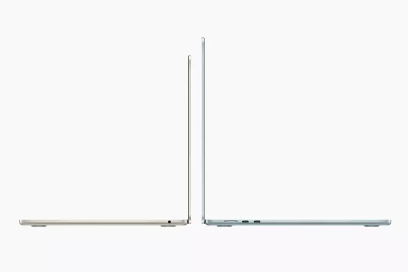 A 13-inch and a 15-inch MacBook Air seen from the side, half open
