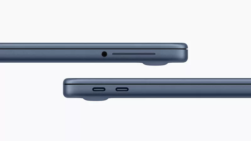 Side views of an indigo MacBook Neo showing its headphone jack and two USB-C ports