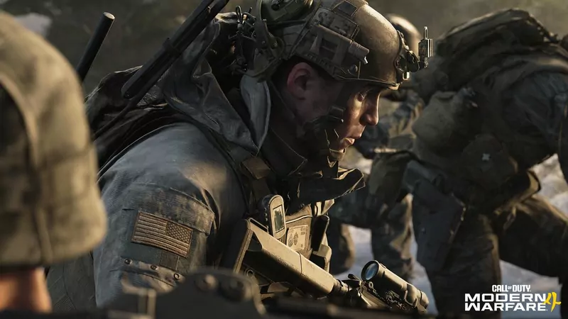 Soldiers in helmets and tactical gear crouching together outdoors, from the Modern Warfare 4 campaign