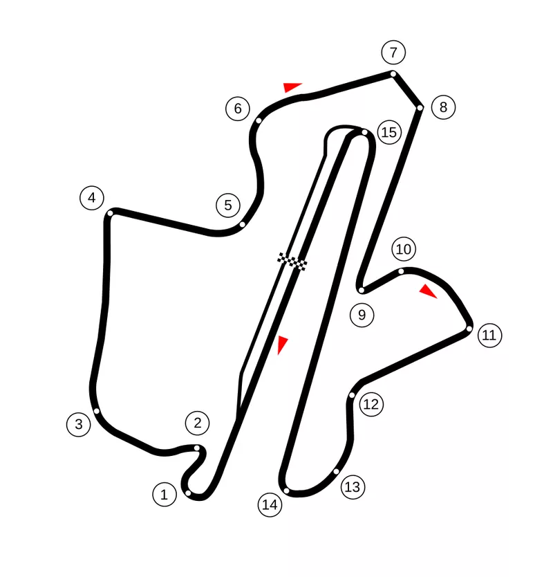 A black line drawing of the Sepang circuit on a white background, with the 15 corners numbered and the start line marked by a chequered strip on the long main straight