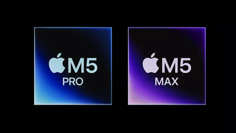 The M5 Pro and M5 Max chip logos side by side on a black background