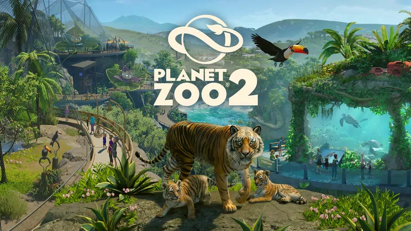 Planet Zoo 2 key art showing a tiger with cubs on a rock, a toucan, visitors on walkways and an aquarium tunnel