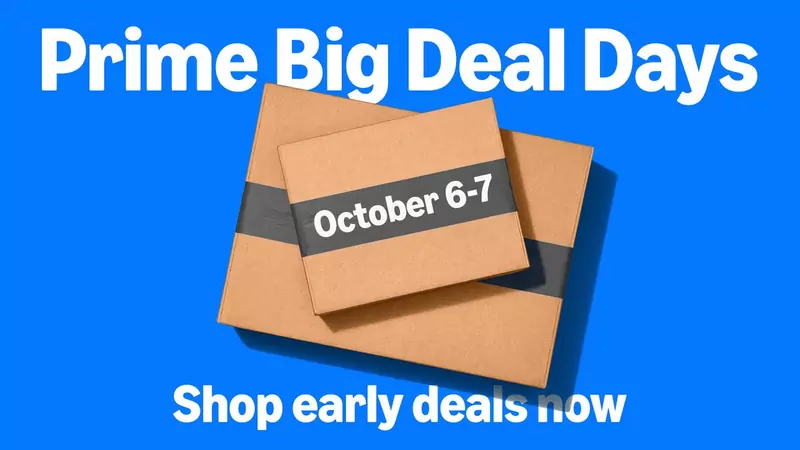 Two cardboard parcels on a blue background, one with a band reading October 6-7, under the words Prime Big Deal Days