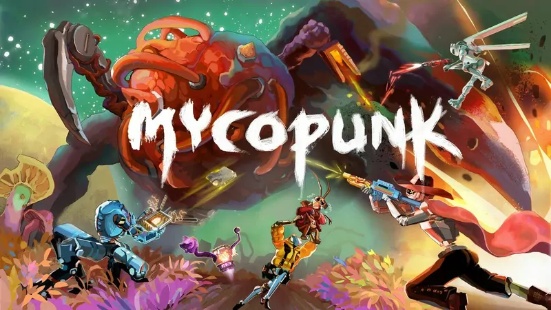 Colourful key art for Mycopunk: small robot fighters with guns battling giant fungal creatures