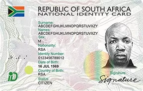 A specimen South African smart identity card with the national flag, the words Republic of South Africa National Identity Card, placeholder name and number fields and a portrait photo