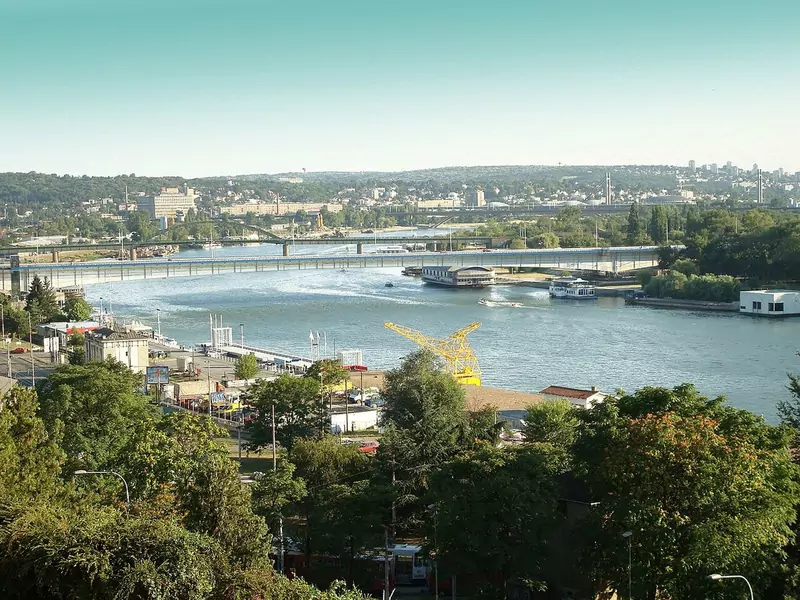 The Sava river in Belgrade with a long bridge, moored boats and the city spreading over the far bank, seen from a hill with trees