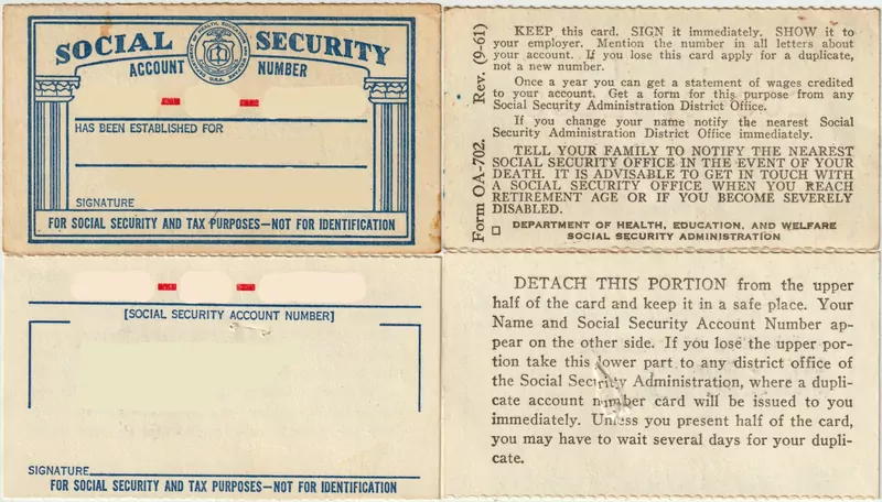Scan of an old Social Security card, front and back, with a blue border and the words Social Security Account Number, the holder's name and number blanked out, next to printed instructions on the reverse