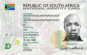 Sample front of a South African Smart ID card with the national flag, a sample portrait and placeholder details