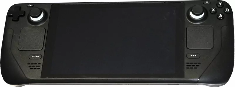 The front of a black Steam Deck handheld with a touchscreen, thumbsticks, trackpads and face buttons