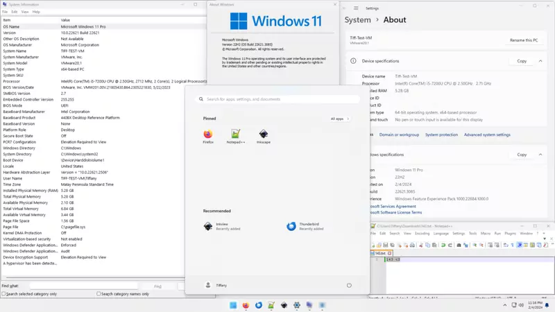 Windows 11 screenshot showing the Settings About page, the winver window, System Information and the Start menu