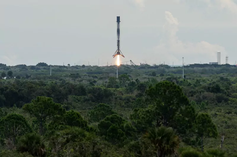 A Falcon 9 first stage descending on a plume of flame above a green line of trees at Cape Canaveral